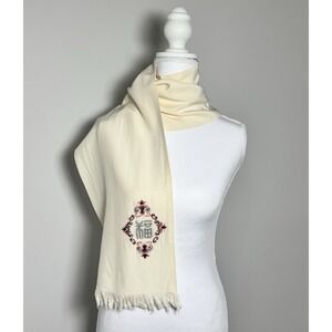 Vintage Embroidered Silk Scarf Fringe Boho Cottagecore Folk Art Cream Minimalist